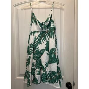 Aakaa Women’s Tropical Print Spaghetti Strap Mini Flare Dress Size M White Green